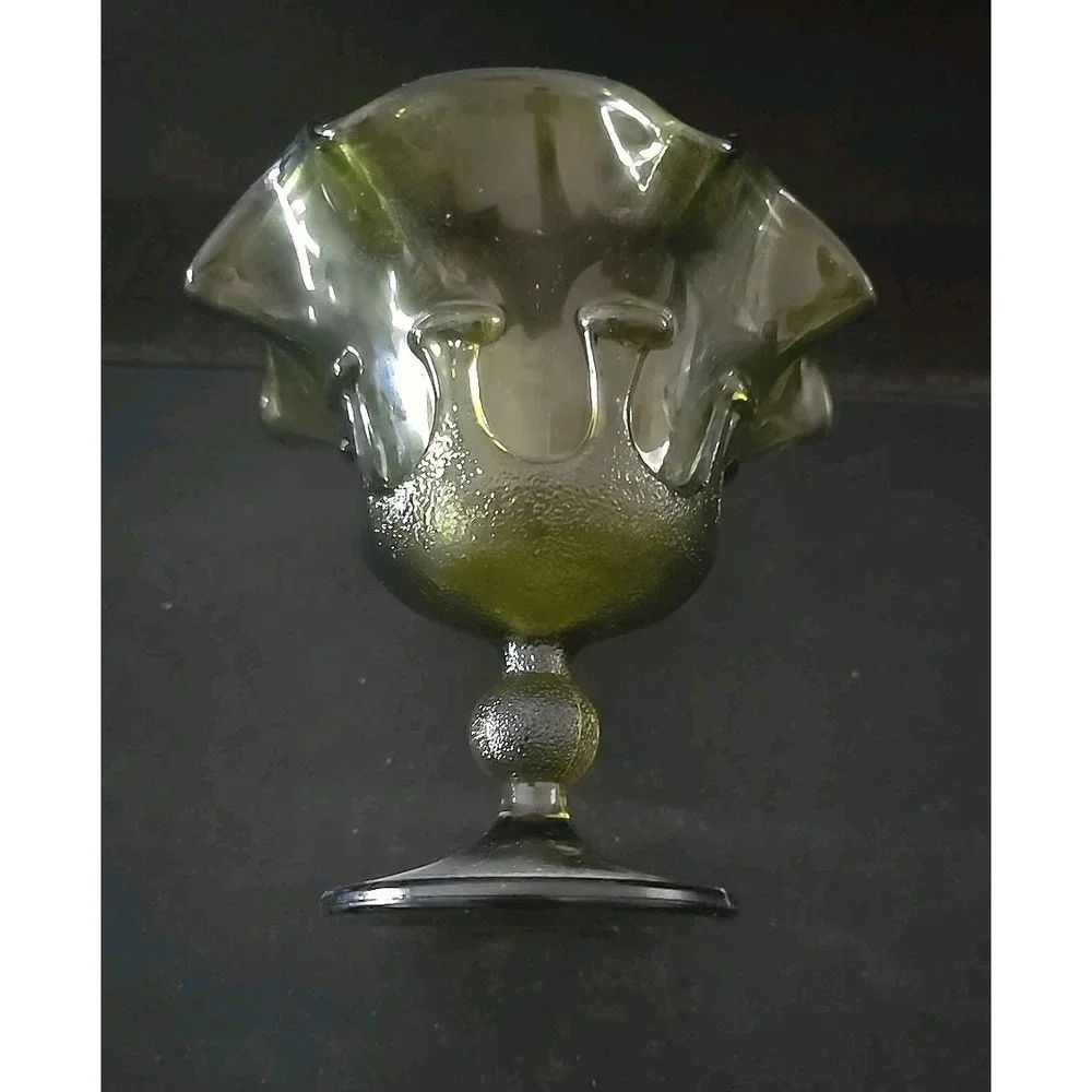 Vintage Green Glass Ruffled Edge Footed Candy Dish Bowl Compote Decor 5.25